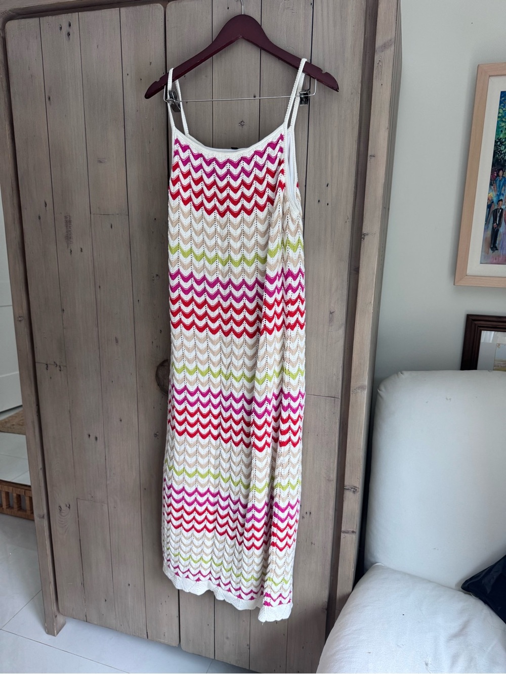 Rachel Zoe White Maxi Dress with Pink, Red, and Lime Chevron Stripes
